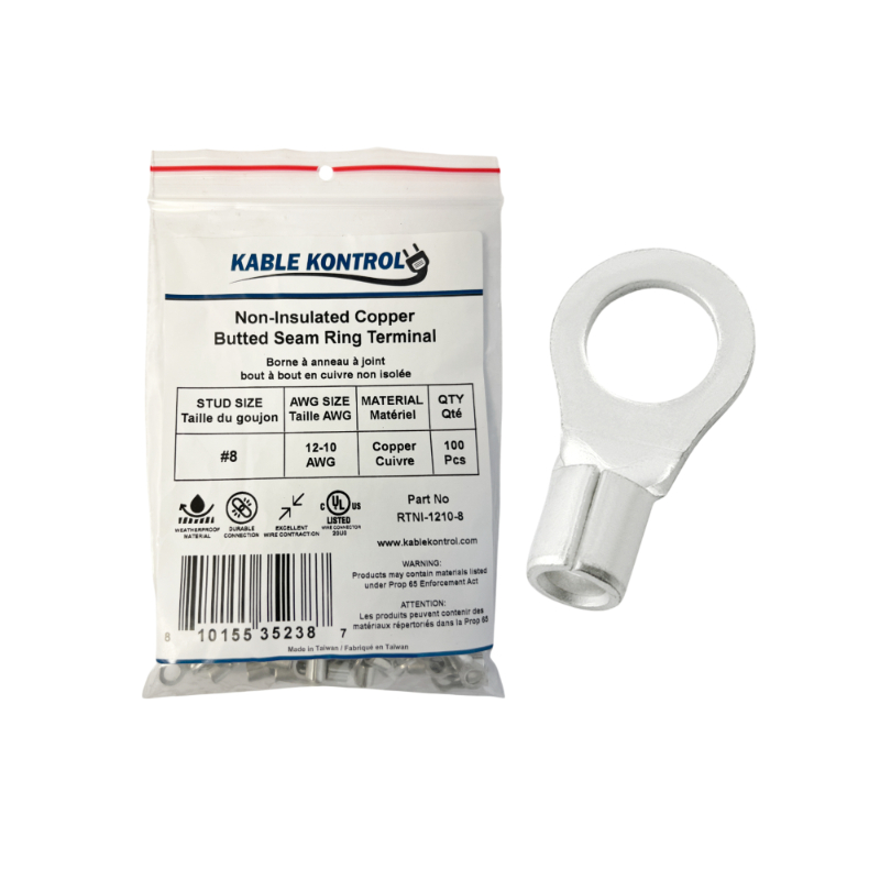 Kable Kontrol® Ring Terminal Connector - Non Insulated - 12-10 AWG - Stud Size # 8 - 100 Pcs