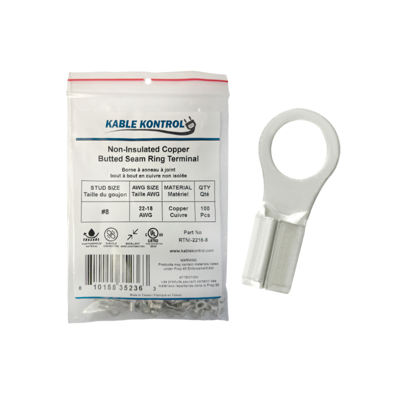 Kable Kontrol® Ring Terminal Connector - Non Insulated - 22-18 AWG - Stud Size # 8 - 100 Pcs