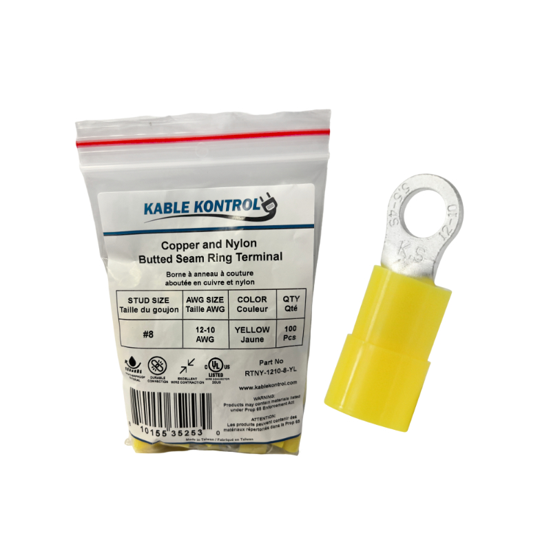 Kable Kontrol® Ring Terminal Connector - Nylon Insulated - 12-10 AWG - Stud Size # 8 - Yellow - 100 Pcs
