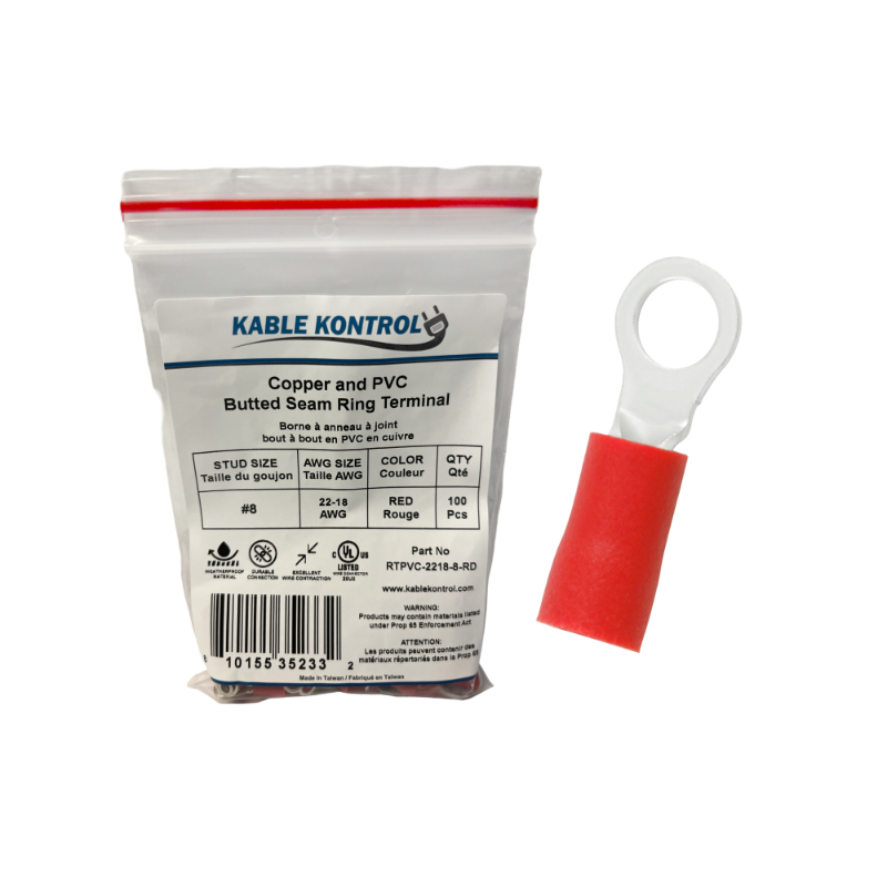 Kable Kontrol® Ring Terminal Connector - PVC Vinyl Insulated - 22-18 AWG - Stud Size # 8 - Red - 100 Pcs