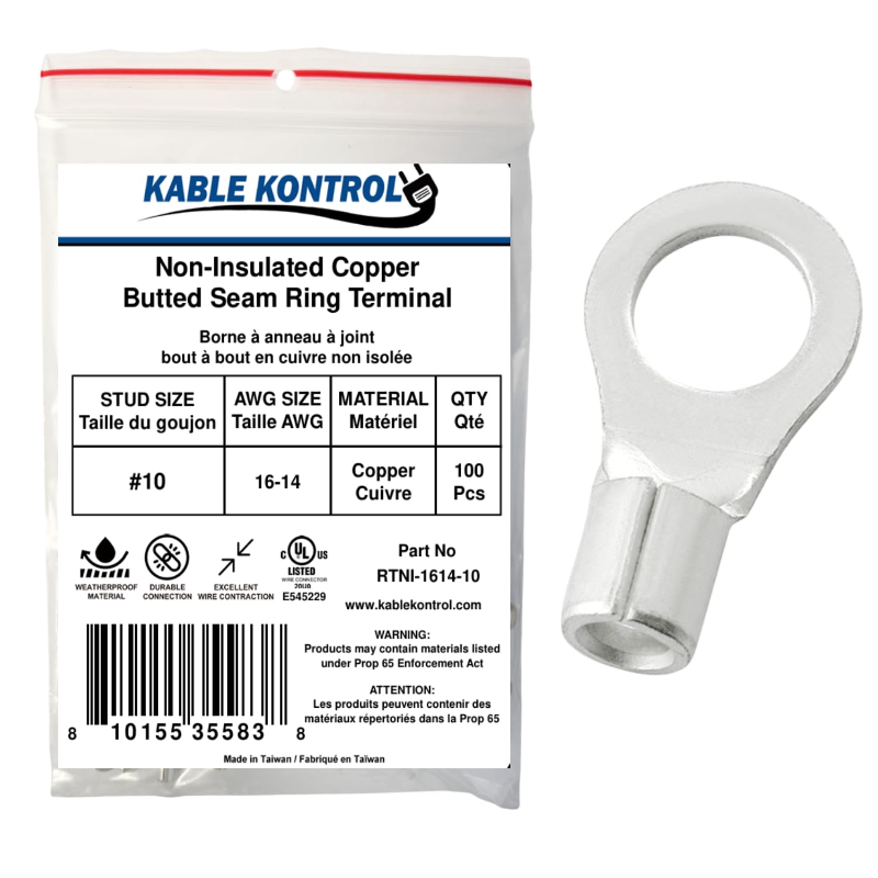 Kable Kontrol® Ring Terminal Connector - Non Insulated - 16-14 AWG - Stud Size - 10 - 100 Pcs