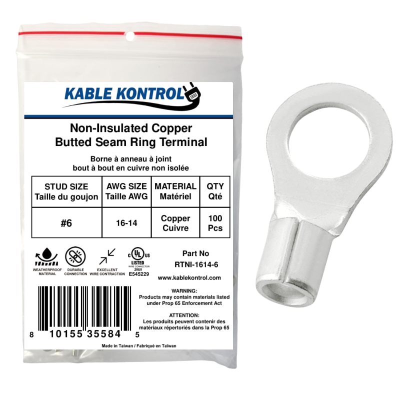 Kable Kontrol® Ring Terminal Connector - Non Insulated - 16-14 AWG - Stud Size - 6 - 100 Pcs