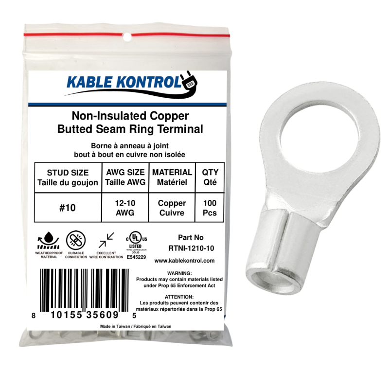 Kable Kontrol® Ring Terminal Connector - Non Insulated - 12-10 AWG - Stud Size - 10 - 100 Pcs