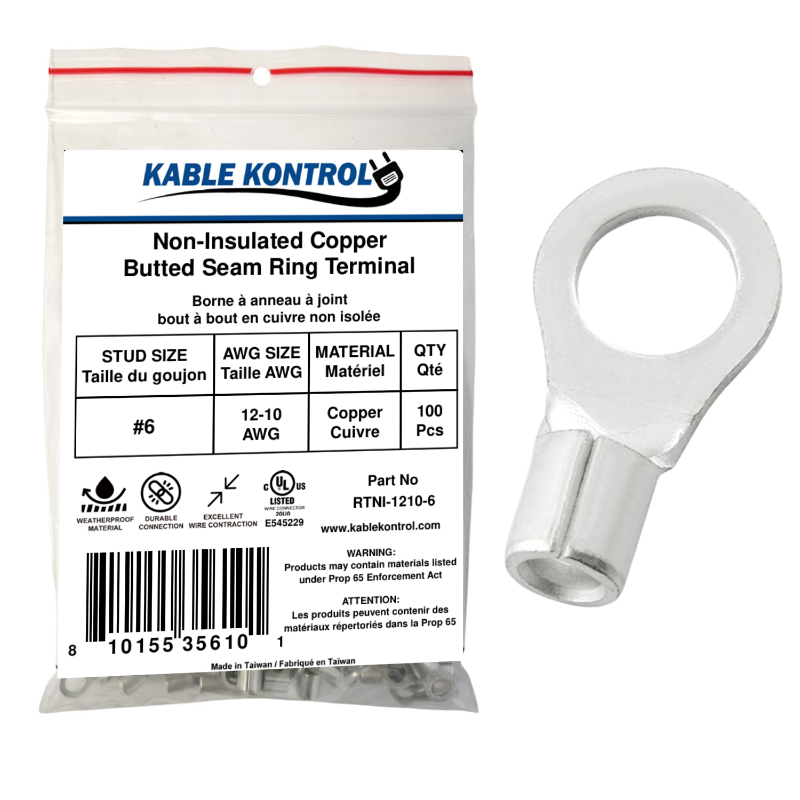 Kable Kontrol® Ring Terminal Connector - Non Insulated - 12-10 AWG - Stud Size - 6 - 100 Pcs