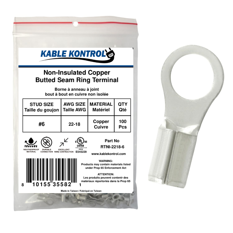 Kable Kontrol® Ring Terminal Connector - Non Insulated - 22-18 AWG - Stud Size - 6 - 100 Pcs