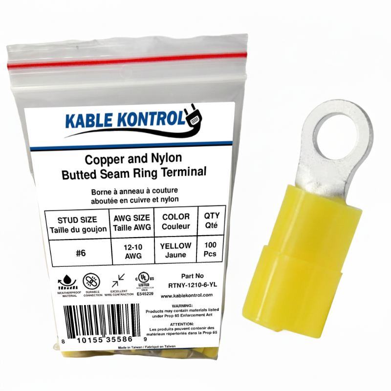 Kable Kontrol® Ring Terminal Connector - Nylon Insulated - 12-10 AWG - Stud Size - 6 - Yellow - 100 Pcs