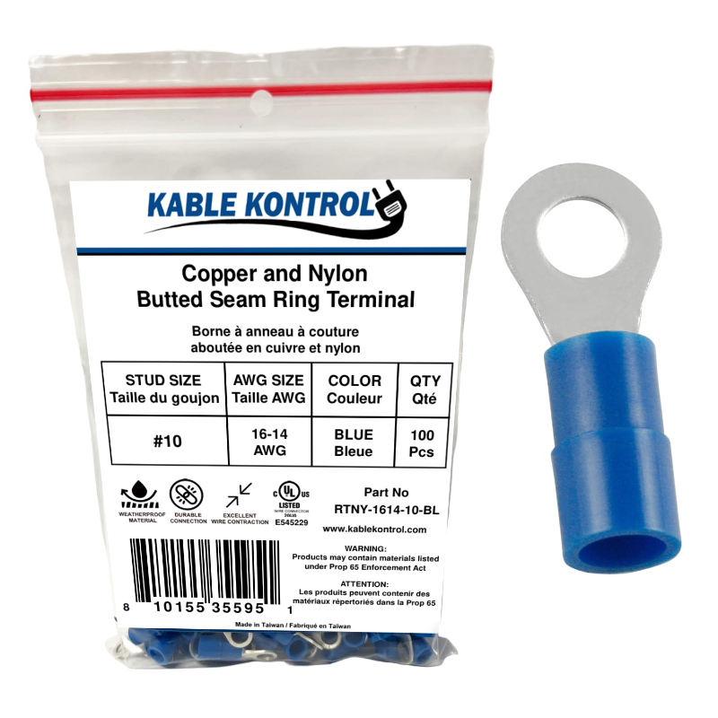Kable Kontrol® Ring Terminal Connector - Nylon Insulated - 16-14 AWG - Stud Size - 10 - Blue - 100 Pcs