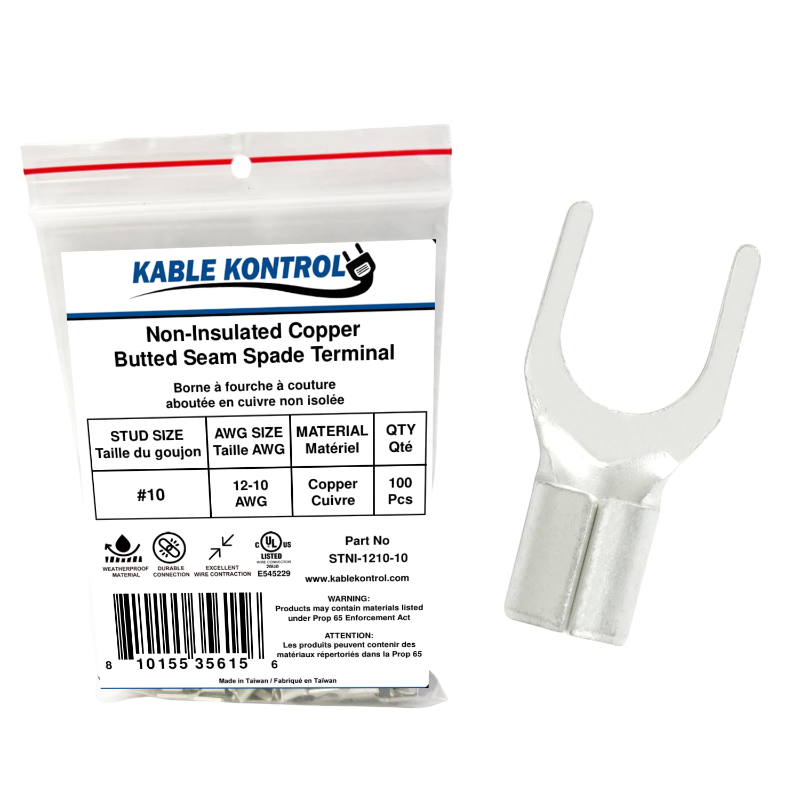 Kable Kontrol® Spade Connector - Electrical Wire Terminal - Male - Non Insulated - 12-10 AWG - Stud Size - 10 - 100 Pcs