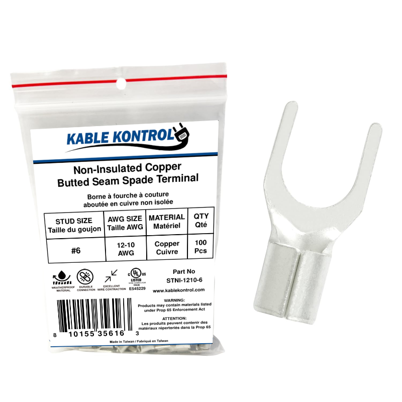 Kable Kontrol® Spade Connector - Electrical Wire Terminal - Male - Non Insulated - 12-10 AWG - Stud Size - 6 - 100 Pcs