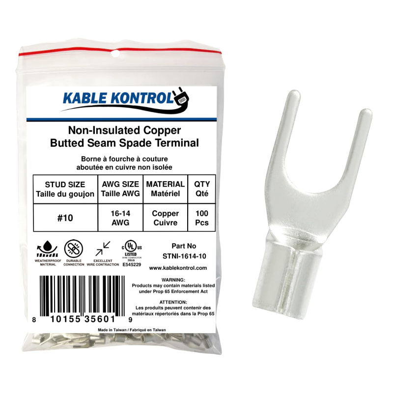 Kable Kontrol® Spade Connector - Electrical Wire Terminal - Male - Non Insulated - 16-14 AWG - Stud Size - 10 - 100 Pcs