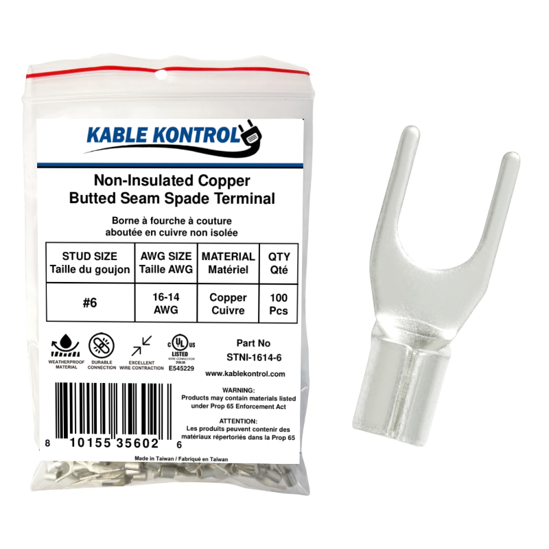 Kable Kontrol® Spade Connector - Electrical Wire Terminal - Male - Non Insulated - 16-14 AWG - Stud Size - 6 - 100 Pcs
