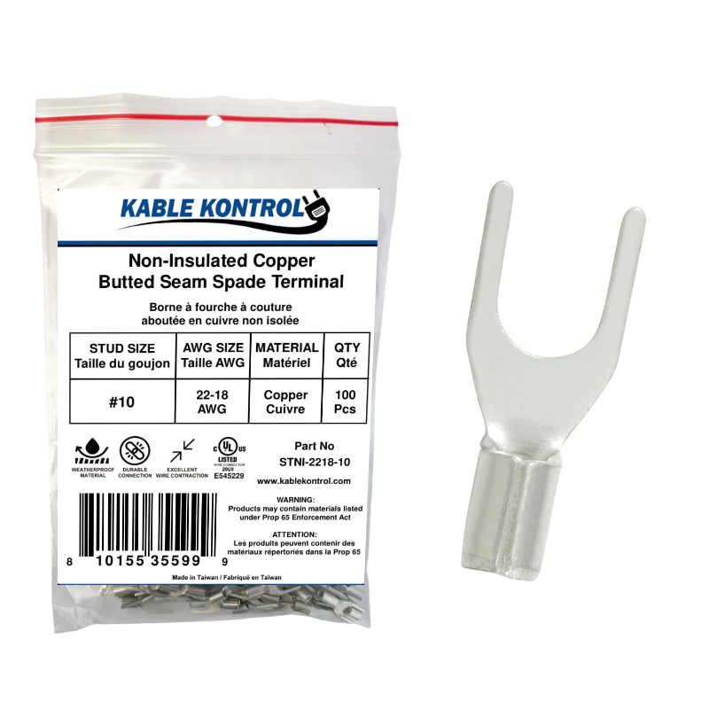 Kable Kontrol® Spade Connector - Electrical Wire Terminal - Male - Non Insulated - 22-18 AWG - Stud Size - 10 - 100 Pcs