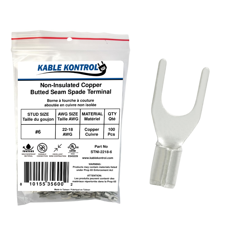 Kable Kontrol® Spade Connector - Electrical Wire Terminal - Male - Non Insulated - 22-18 AWG - Stud Size - 6 - 100 Pcs