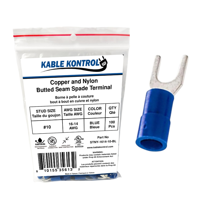 Kable Kontrol® Spade Connector - Electrical Wire Terminal - Male - Nylon Insulated - 16-14 AWG - Stud Size - 10 - Blue - 100 Pcs
