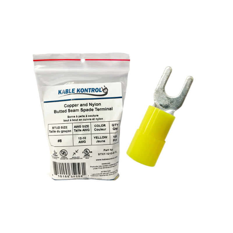 Kable Kontrol® Spade Connector - Electrical Wire Terminal - Male - Nylon Insulated - 12-10 AWG - Stud Size # 8 - Yellow - 100 Pcs