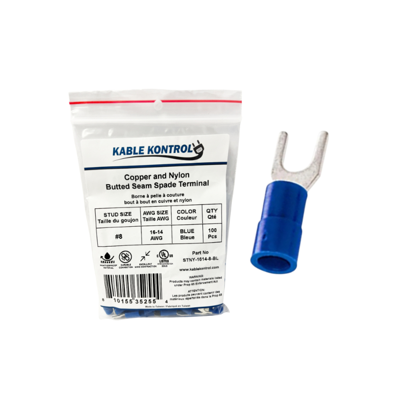 Kable Kontrol® Spade Connector - Electrical Wire Terminal - Male - Nylon Insulated - 16-14 AWG - Stud Size # 8 - Blue - 100 Pcs