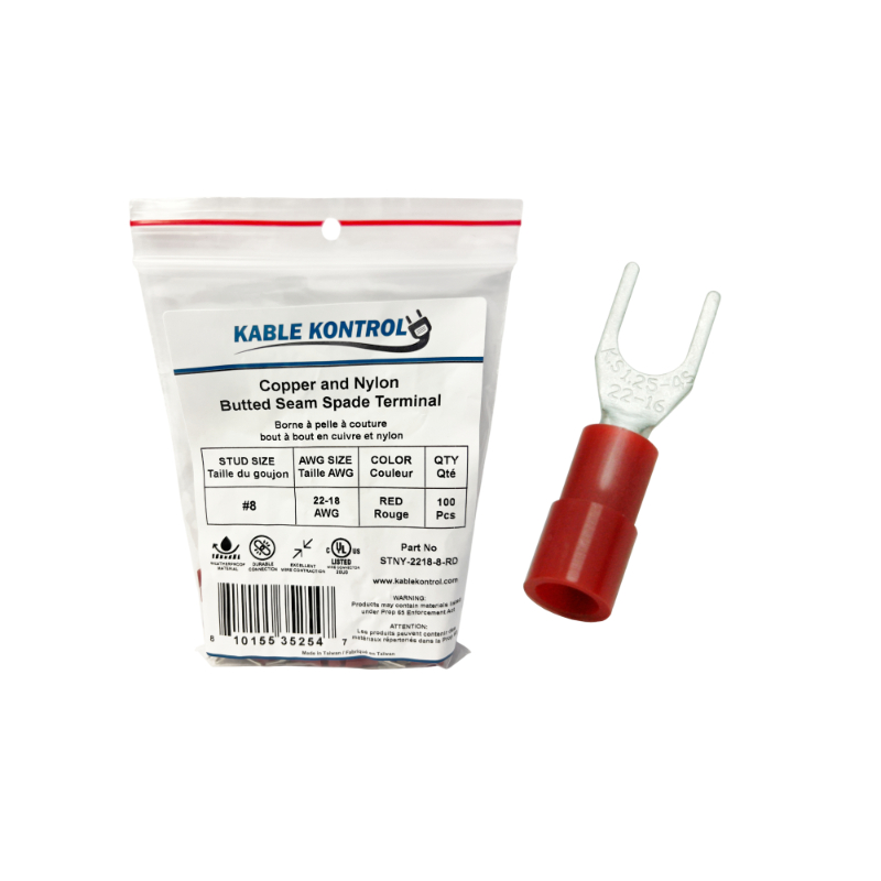 Kable Kontrol® Spade Connector - Electrical Wire Terminal - Male - Nylon Insulated - 22-18 AWG - Stud Size # 8 - Red - 100 Pcs