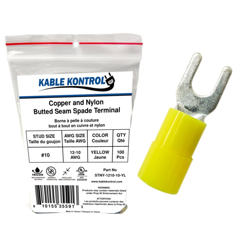 Kable Kontrol® Spade Connector - Electrical Wire Terminal - Male - Nylon Insulated - 12-10 AWG - Stud Size - 10 - Yellow - 100 Pcs