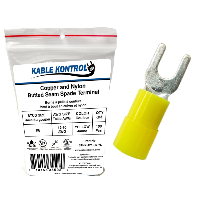 Kable Kontrol® Spade Connector - Electrical Wire Terminal - Male - Nylon Insulated - 12-10 AWG - Stud Size - 6 - Yellow - 100 Pcs