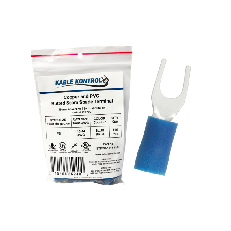 Kable Kontrol® Spade Connector - Electrical Wire Terminal - Male - PVC Vinyl Insulated - 16-14 AWG - Stud Size # 8 - Blue - 100 Pcs