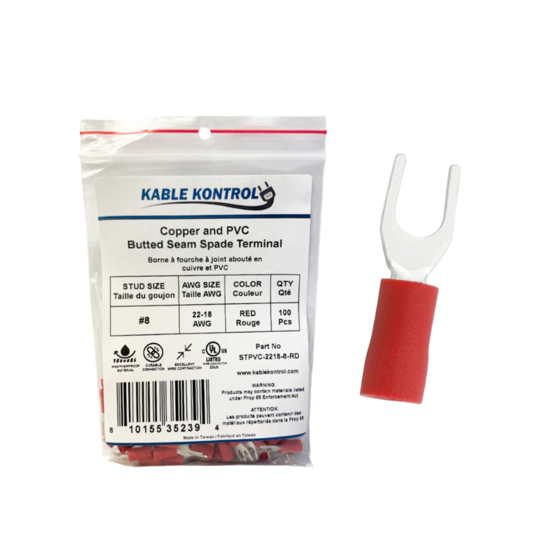 Kable Kontrol® Spade Connector - Electrical Wire Terminal - Male - PVC Vinyl Insulated - 22-18 AWG - Stud Size # 8 - Red - 100 Pcs
